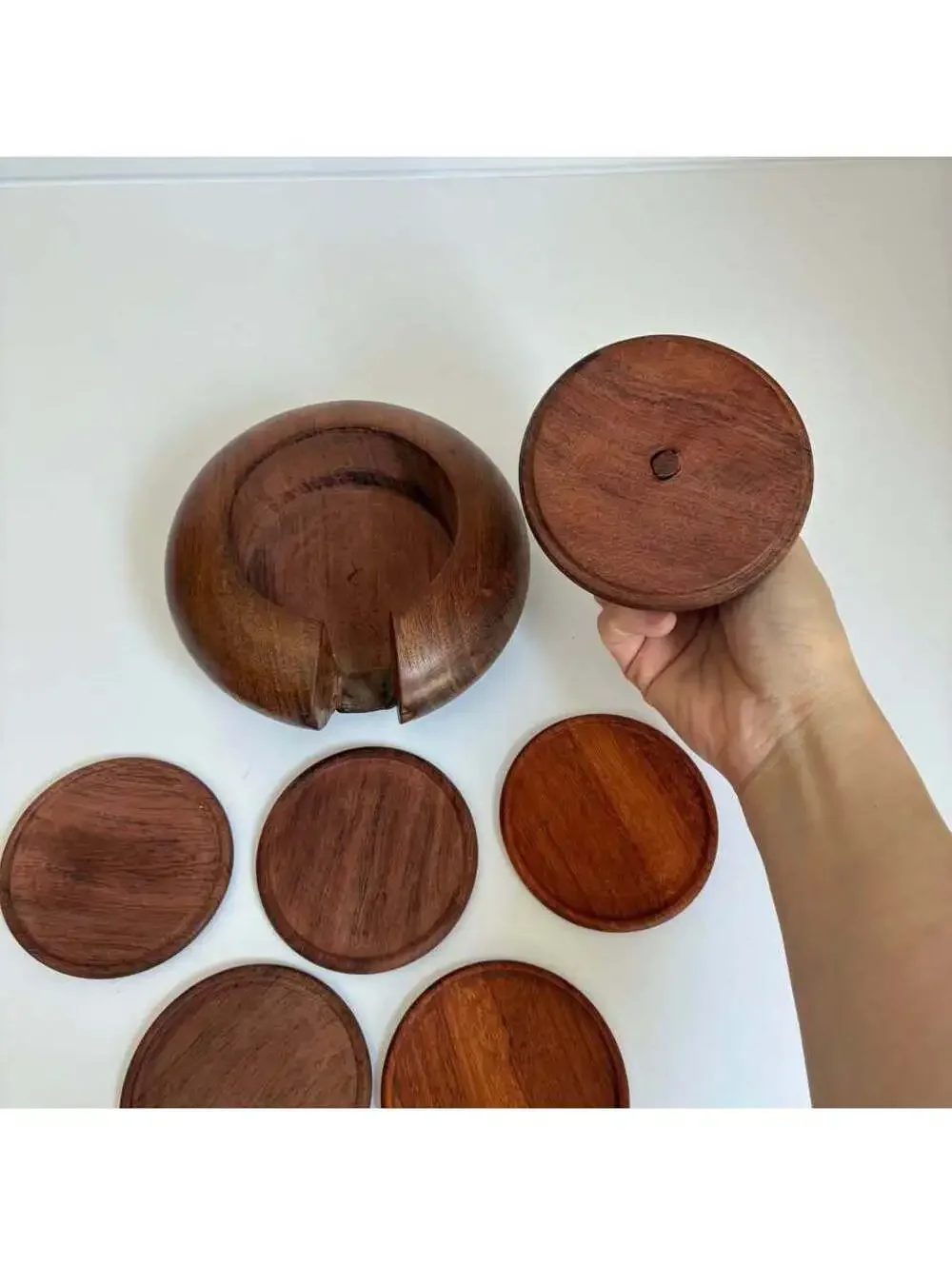 Vintage Wooden Coaster Set 5 Drink Coasters Lidded Storage Holder Hand Turned
